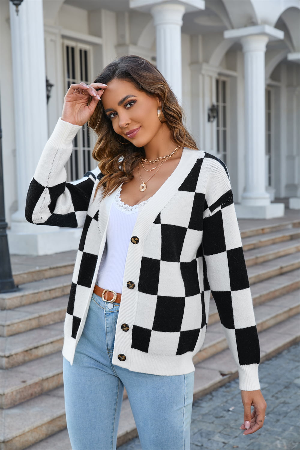 Button-Up Plaid V-Neck Dropped Shoulder Cardigan Print on any thing USA/STOD clothes