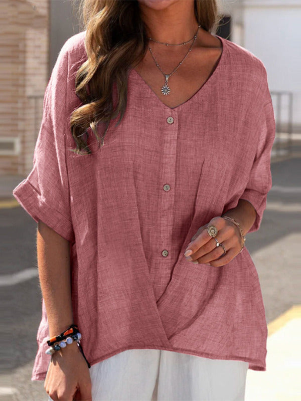 Button V Neck Pullover Short Sleeve Loose Fit Blouse Casual Top Print on any thing USA/STOD clothes