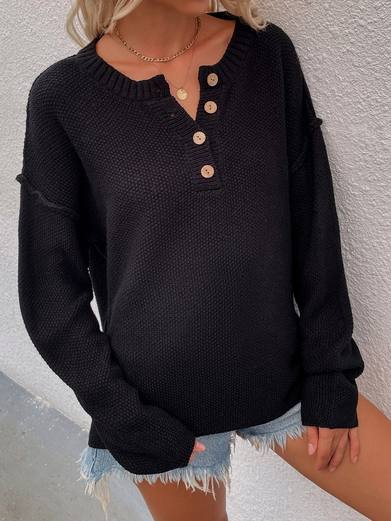 Buttoned Exposed Seam High-Low Sweater Print on any thing USA/STOD clothes