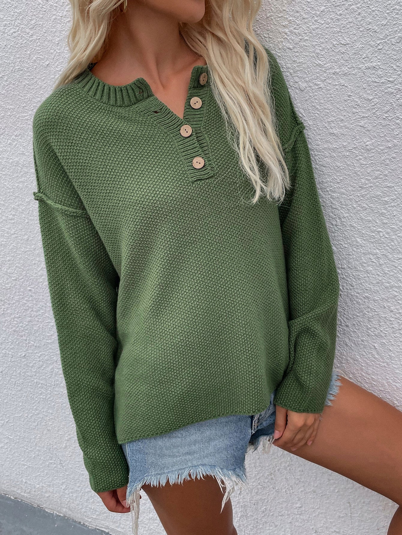 Buttoned Exposed Seam High-Low Sweater Print on any thing USA/STOD clothes