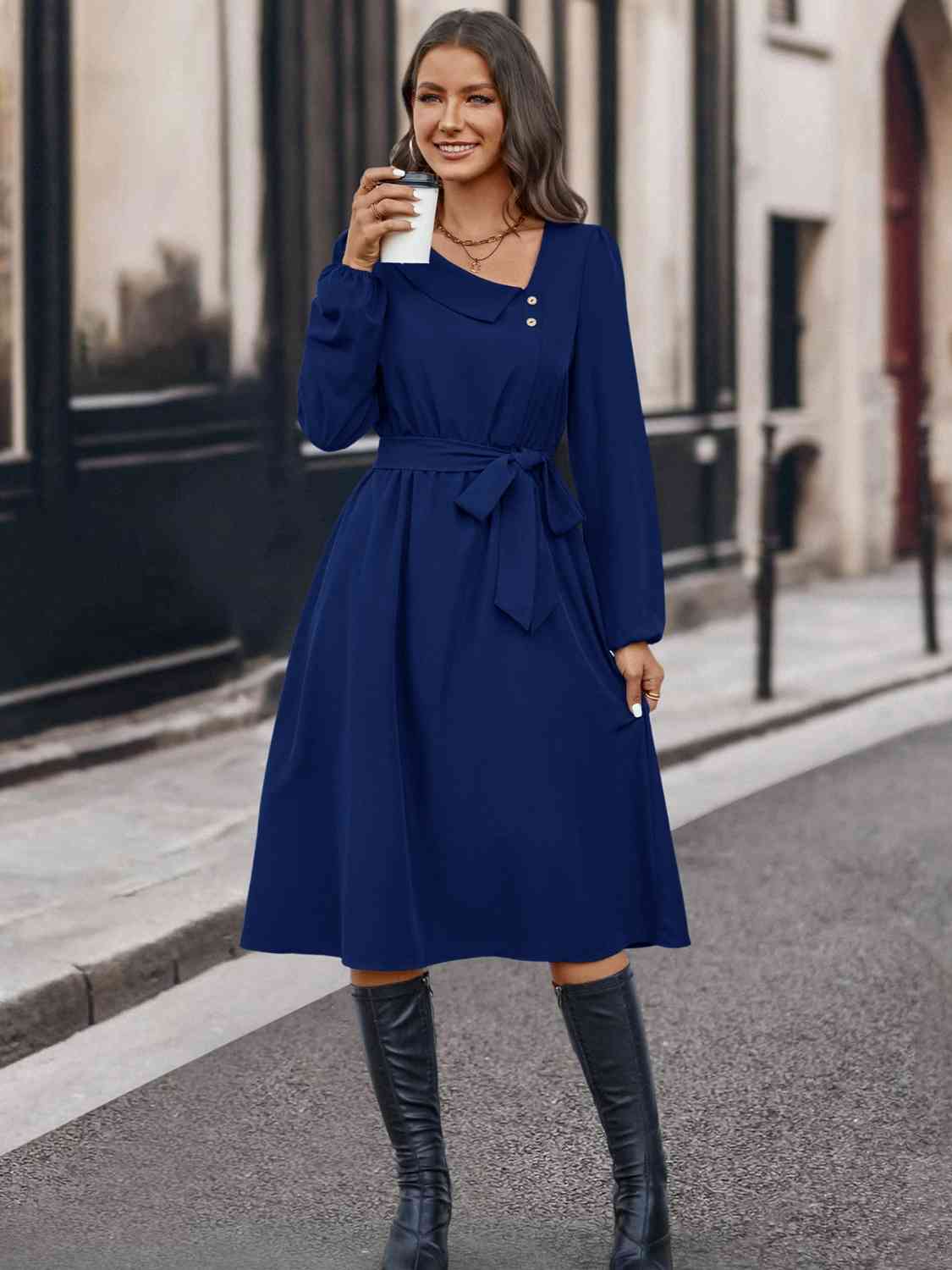 Buttoned Tie Front Long Sleeve Asymmetrical Neck Dress Print on any thing USA/STOD clothes