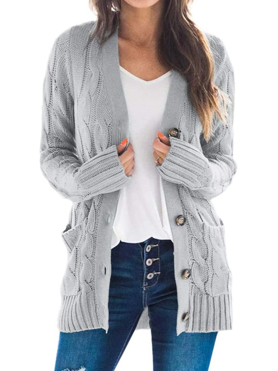 Cable-Knit Buttoned Cardigan with Pockets Print on any thing USA/STOD clothes