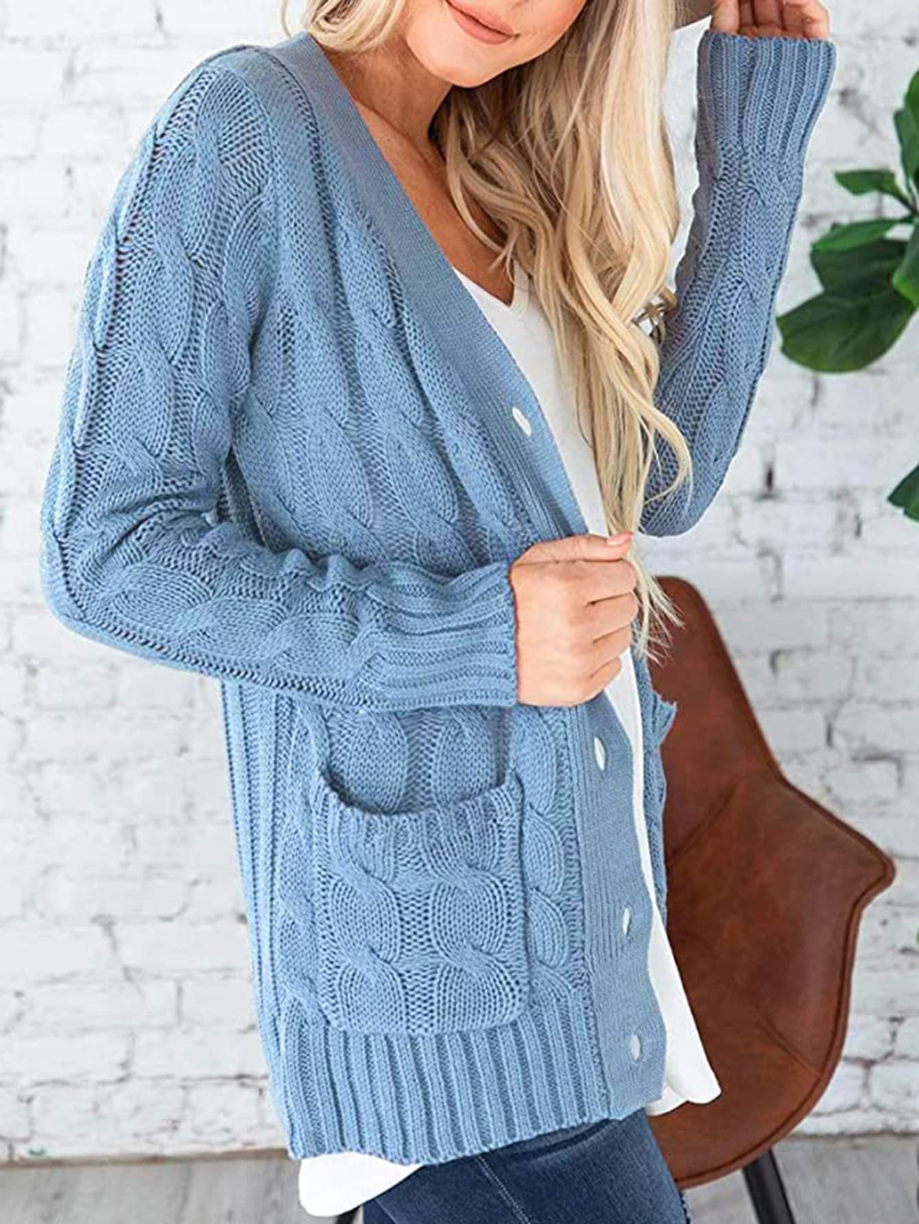 Cable-Knit Buttoned Cardigan with Pockets Print on any thing USA/STOD clothes