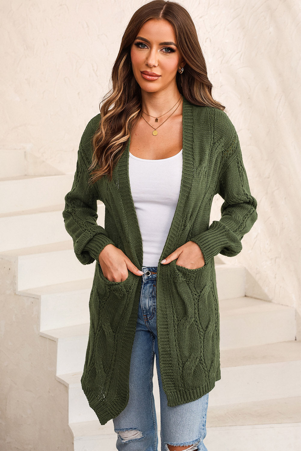 Cable-Knit Dropped Shoulder Cardigan Print on any thing USA/STOD clothes