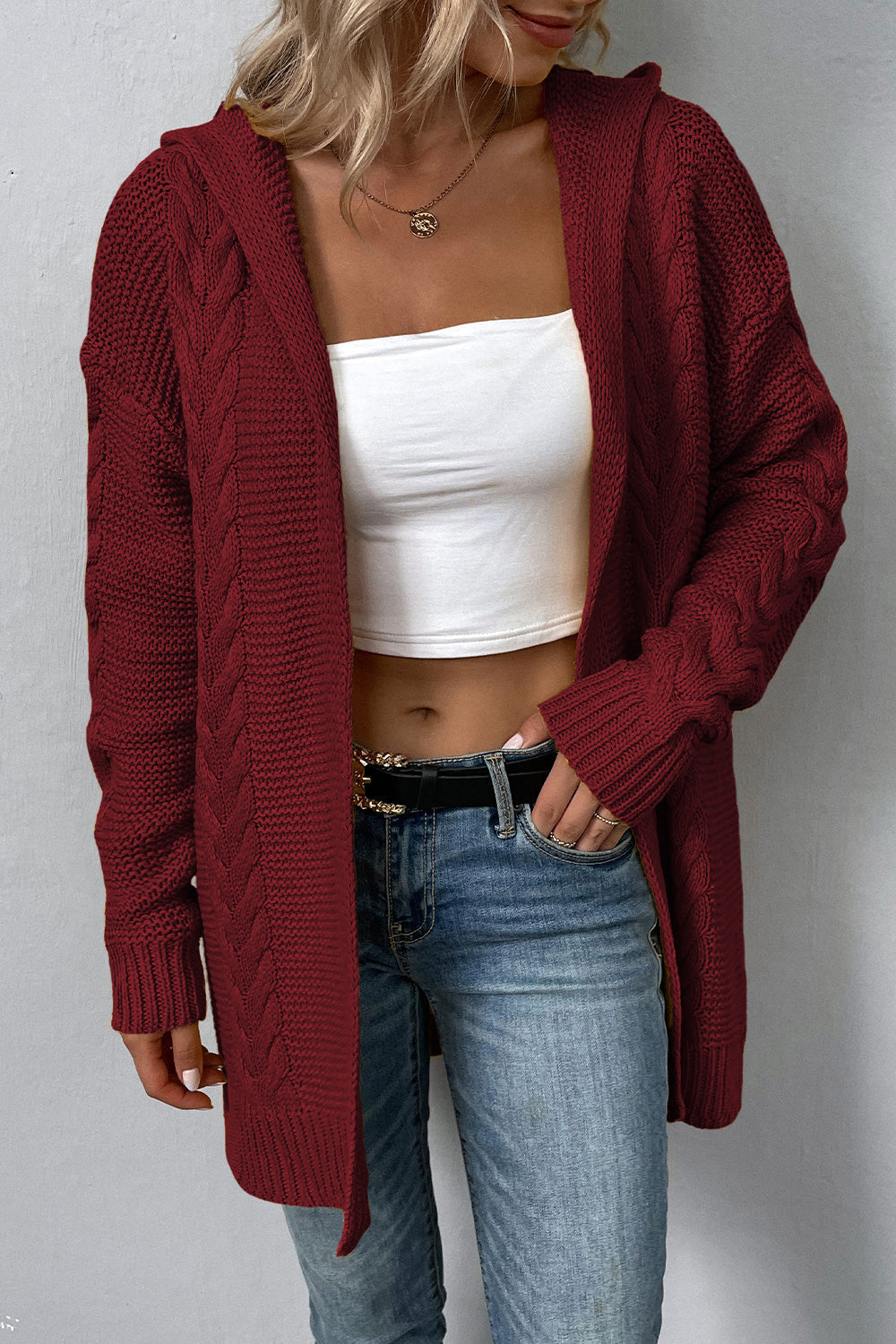 Cable-Knit Dropped Shoulder Hooded Cardigan Print on any thing USA/STOD clothes