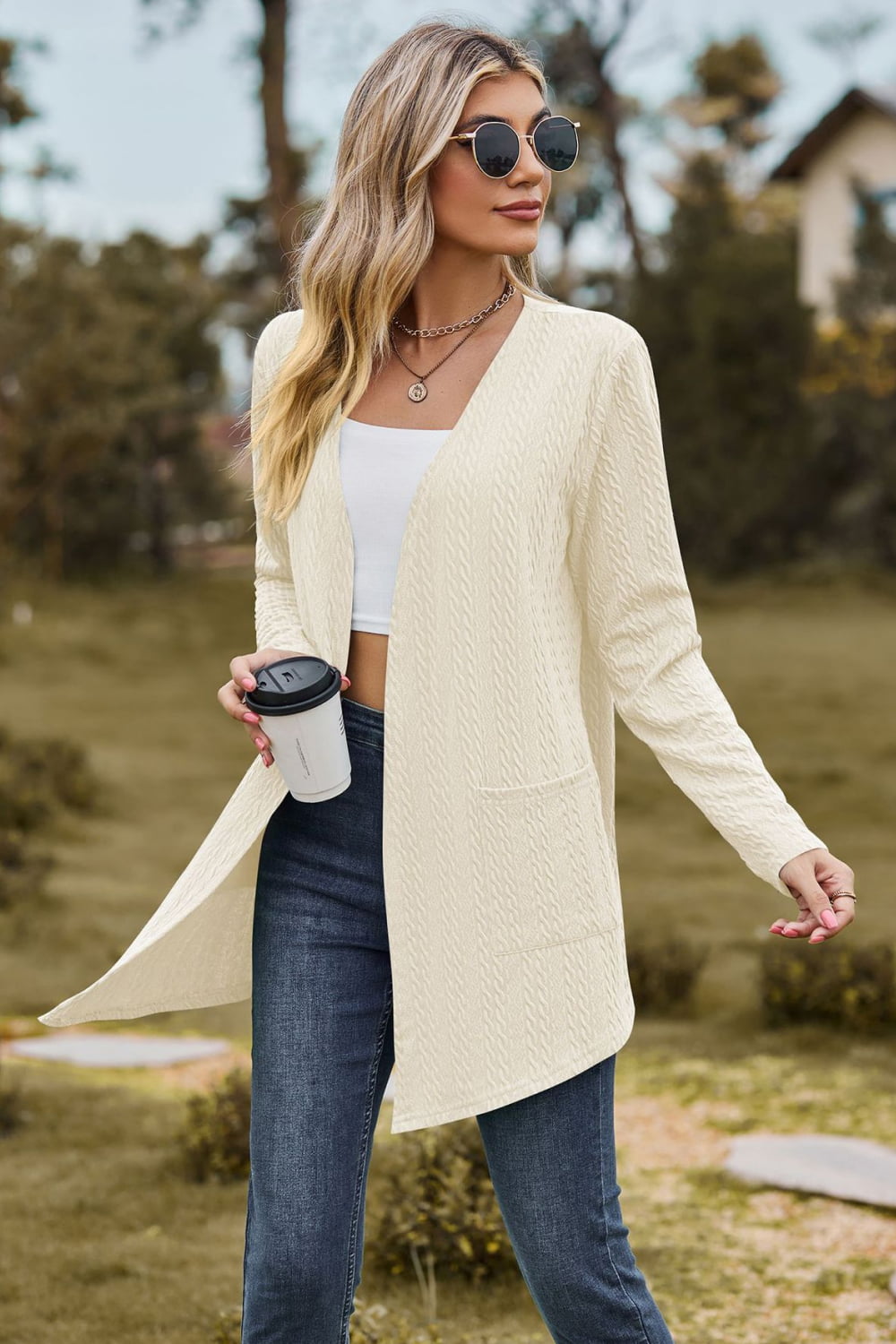 Cable-Knit Long Sleeve Cardigan with Pocket Print on any thing USA/STOD clothes