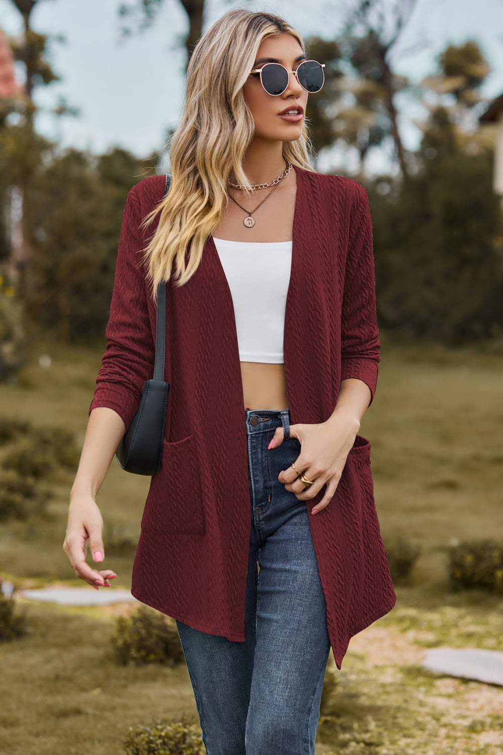Cable-Knit Long Sleeve Cardigan with Pocket Print on any thing USA/STOD clothes