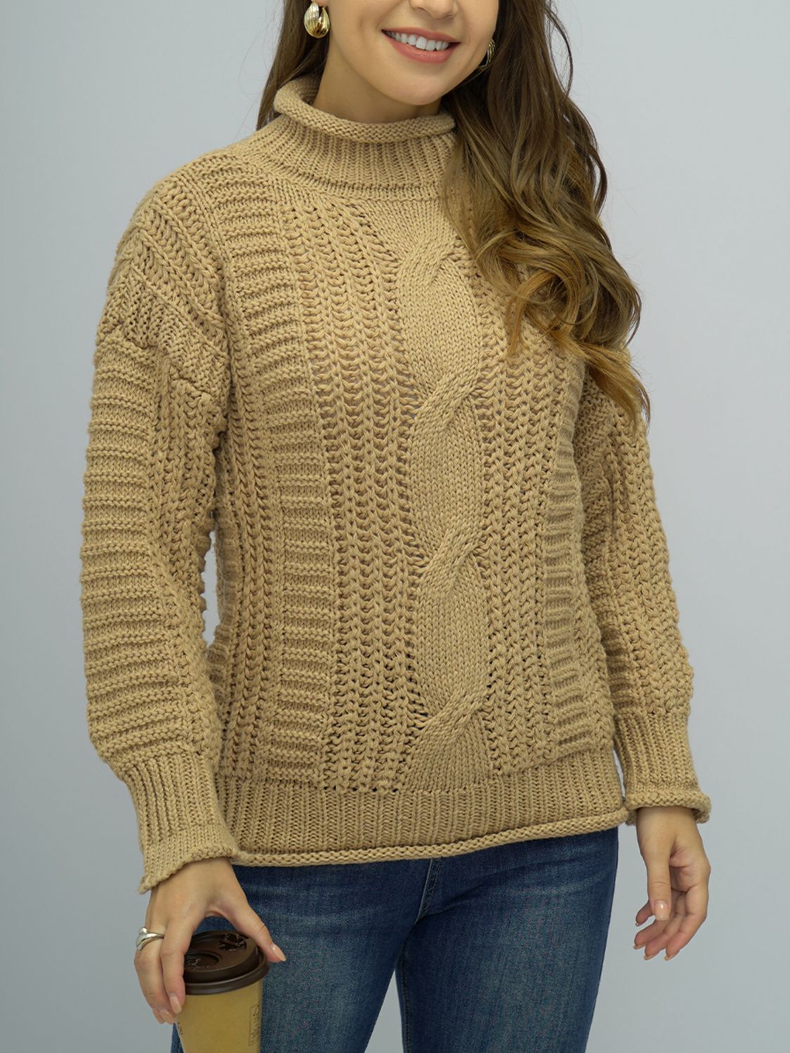 Cable-Knit Mock Neck Sweater Print on any thing USA/STOD clothes