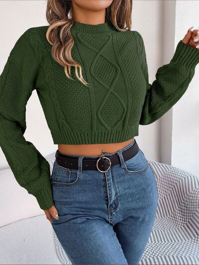 Cable-Knit Round Neck Cropped Sweater Print on any thing USA/STOD clothes