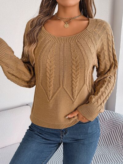 Cable-Knit Round Neck Long Sleeve Sweater Print on any thing USA/STOD clothes