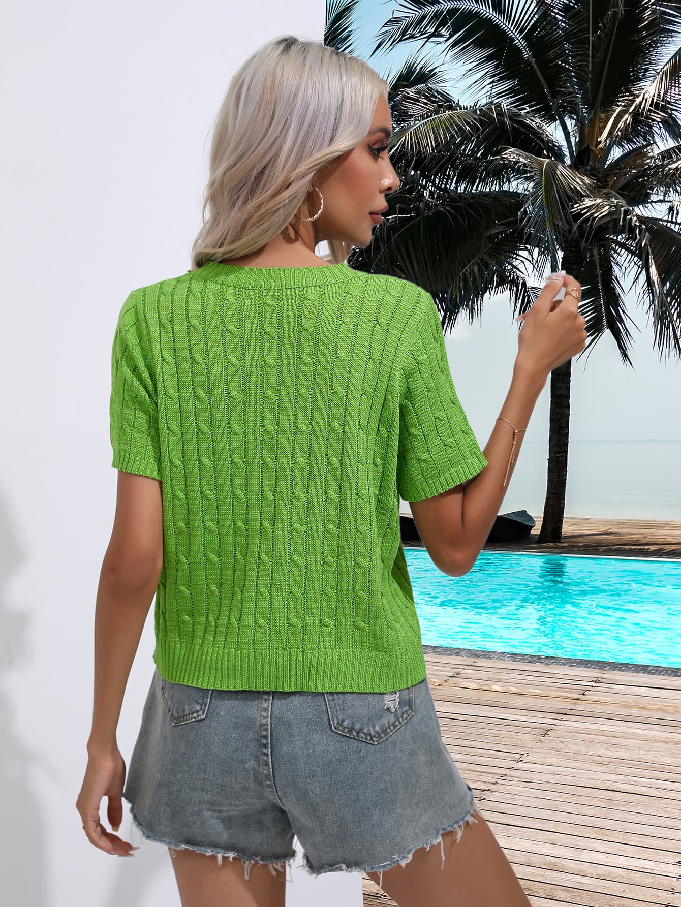 Cable-Knit Round Neck Short Sleeve Knit Top Print on any thing USA/STOD clothes