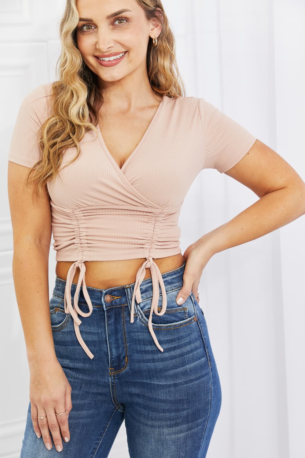 Capella Back To Simple Full Size Ribbed Front Scrunched Top in Blush Print on any thing USA/STOD clothes