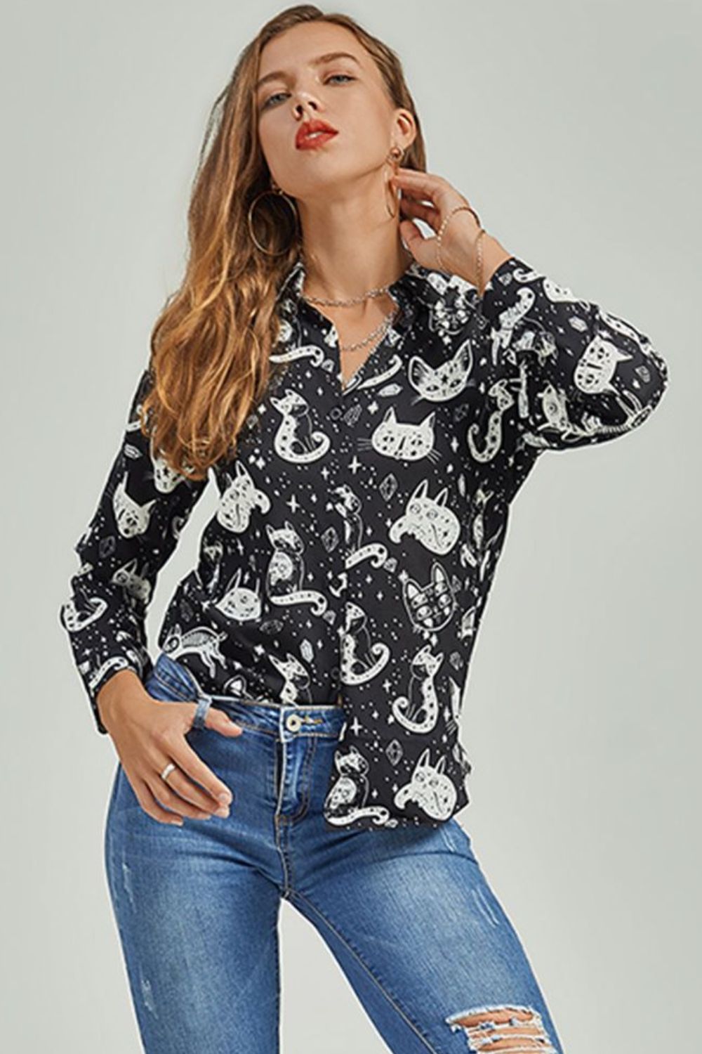 Cat Print Button-Up Shirt Print on any thing USA/STOD clothes
