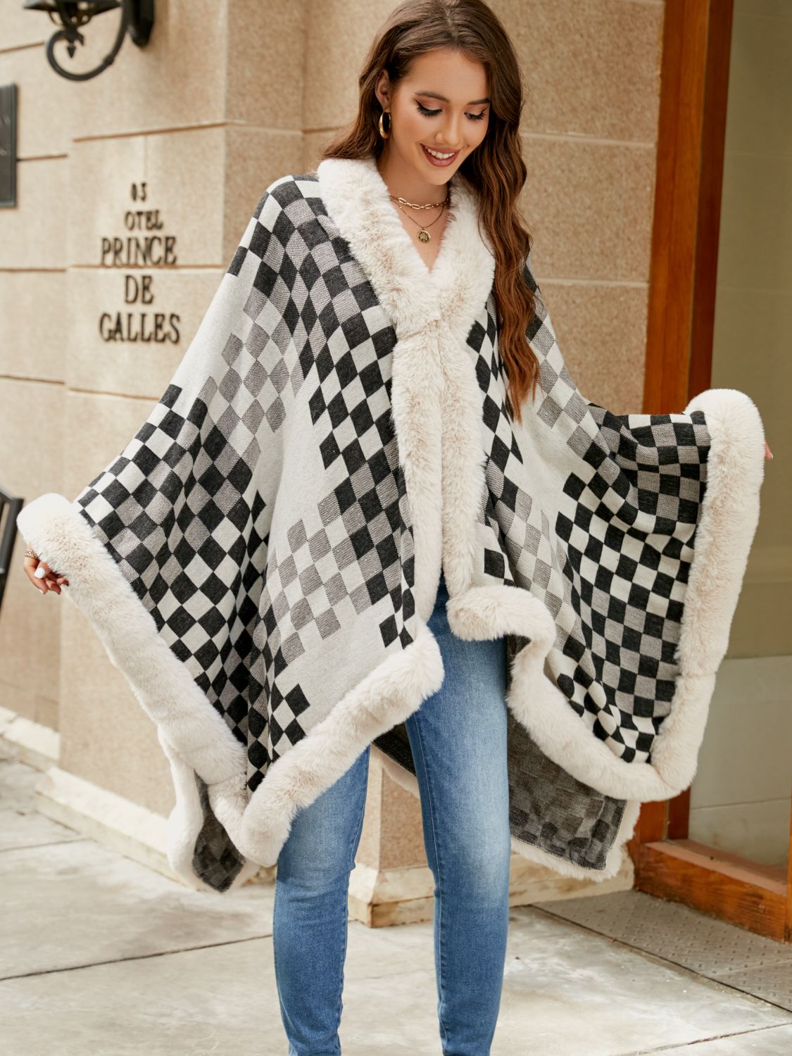 Checkered Faux Fur Trim Poncho Print on any thing USA/STOD clothes