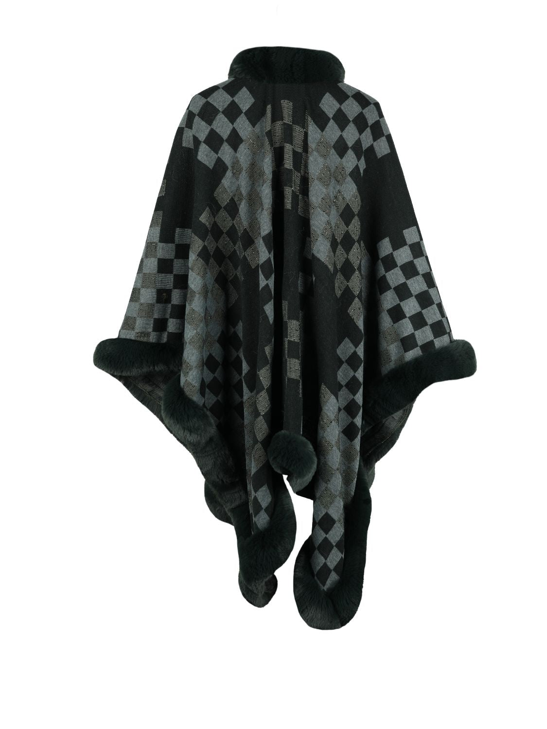 Checkered Faux Fur Trim Poncho Print on any thing USA/STOD clothes