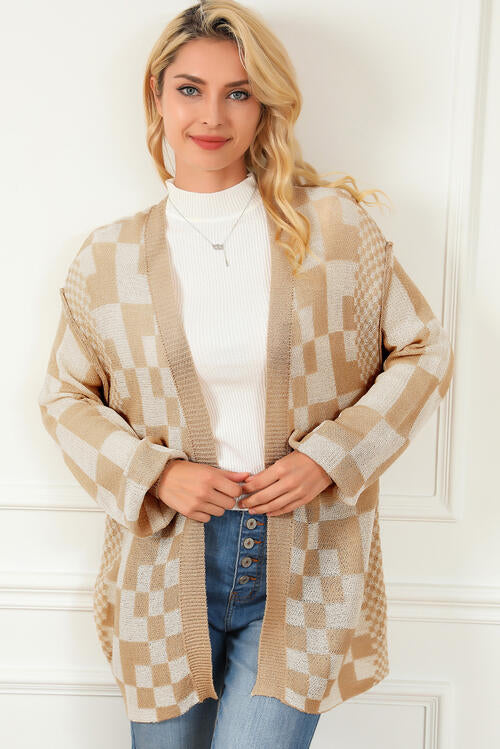 Checkered Open Front Cardigan Print on any thing USA/STOD clothes