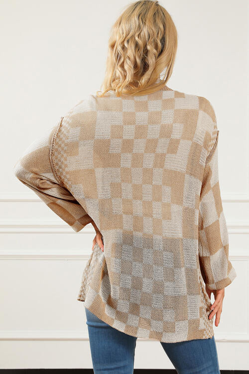 Checkered Open Front Cardigan Print on any thing USA/STOD clothes