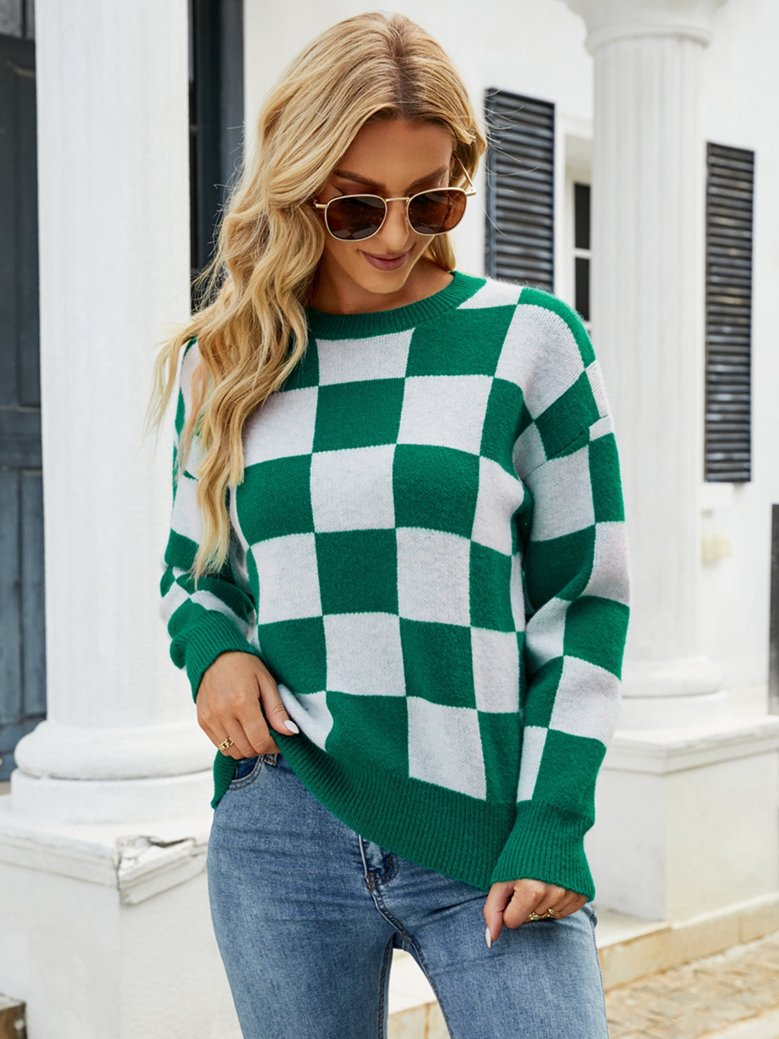 Checkered Round Neck Sweater Print on any thing USA/STOD clothes
