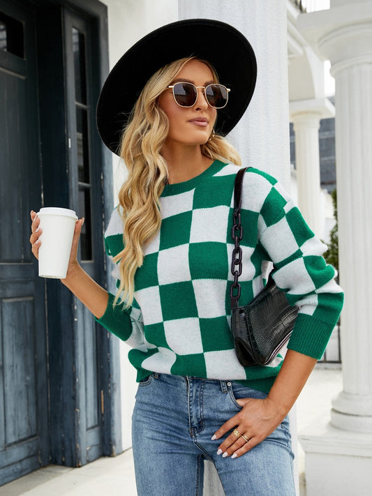 Checkered Round Neck Sweater Print on any thing USA/STOD clothes