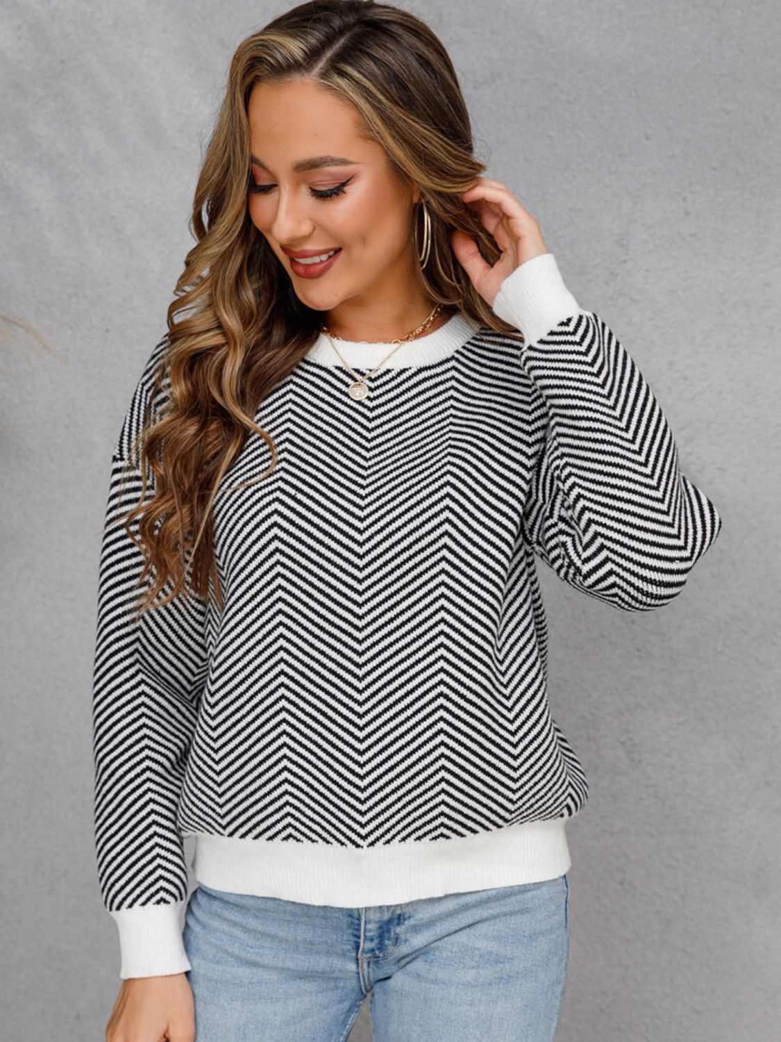 Chevron Ribbed Trim Dropped Shoulder Knit Pullover Print on any thing USA/STOD clothes