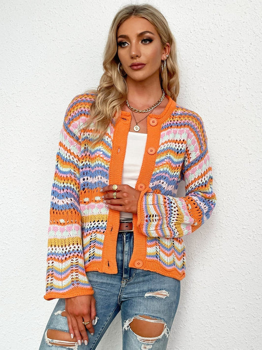 Chevron Stripes Openwork Cardigan Print on any thing USA/STOD clothes