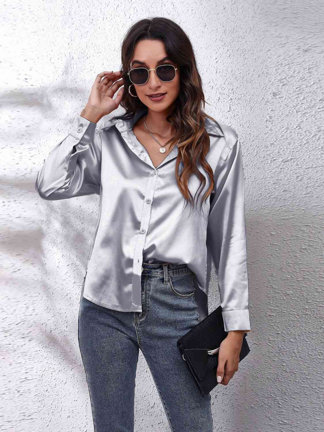 Collared Neck Buttoned Long Sleeve Shirt Print on any thing USA/STOD clothes