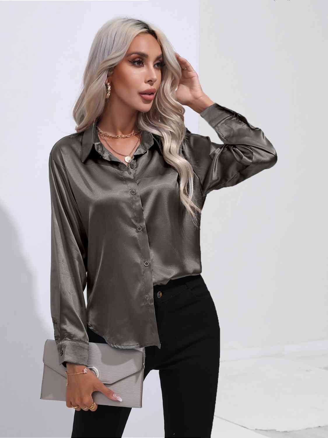 Collared Neck Buttoned Long Sleeve Shirt Print on any thing USA/STOD clothes