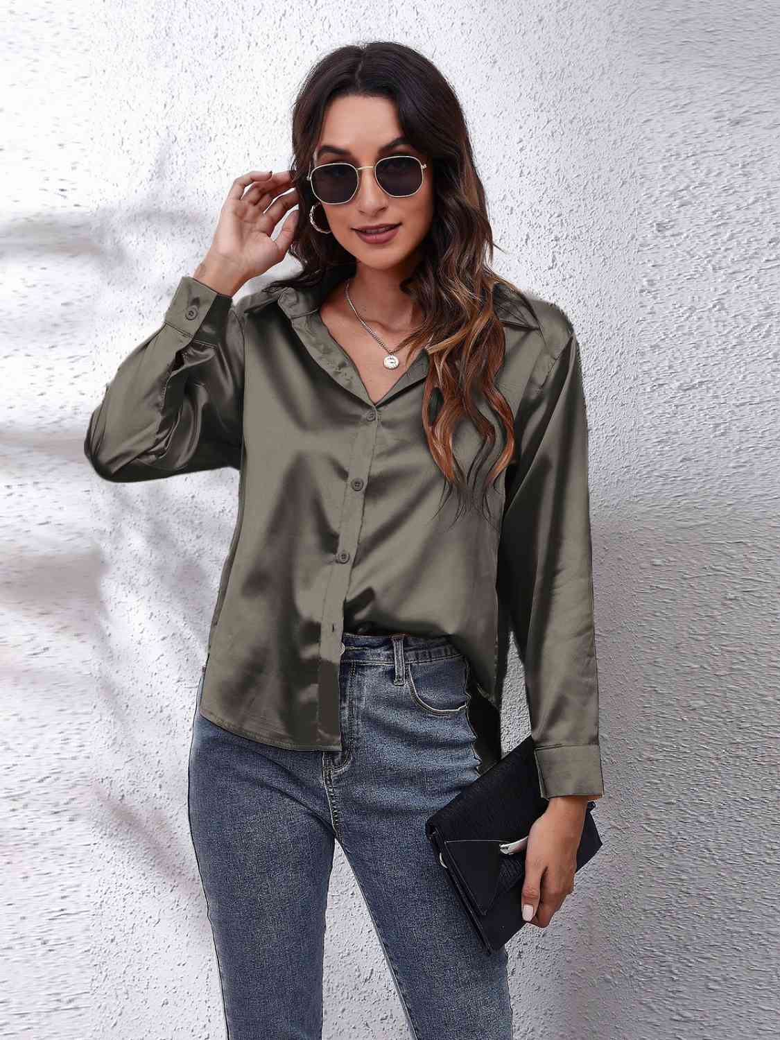 Collared Neck Buttoned Long Sleeve Shirt Print on any thing USA/STOD clothes