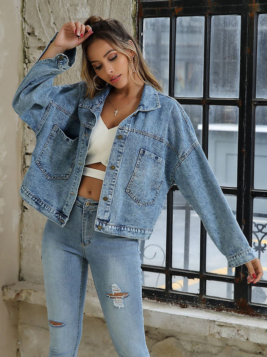 Collared Neck Dropped Shoulder Denim Jacket Print on any thing USA/STOD clothes