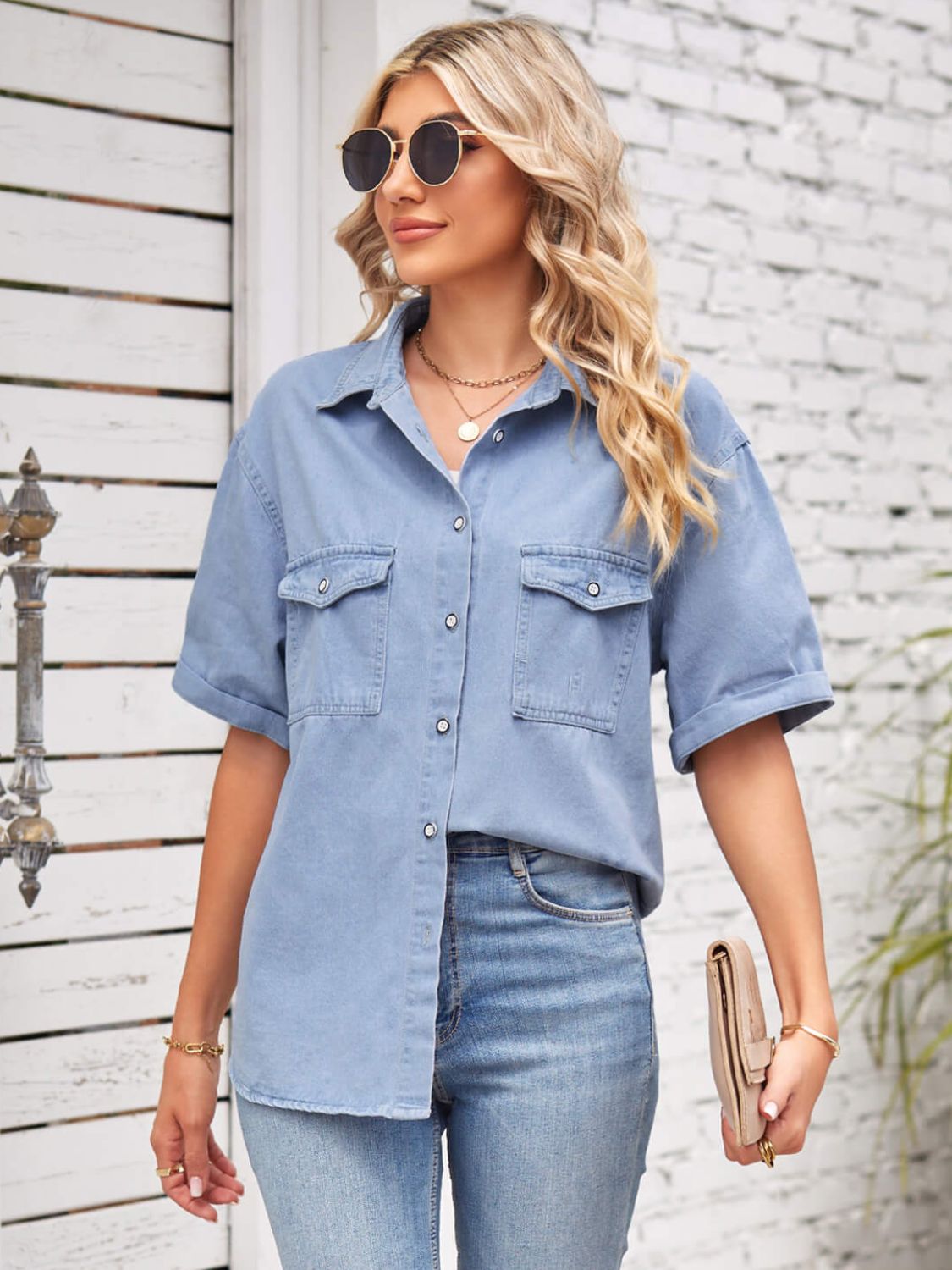 Collared Neck Short Sleeve Denim Jacket Print on any thing USA/STOD clothes