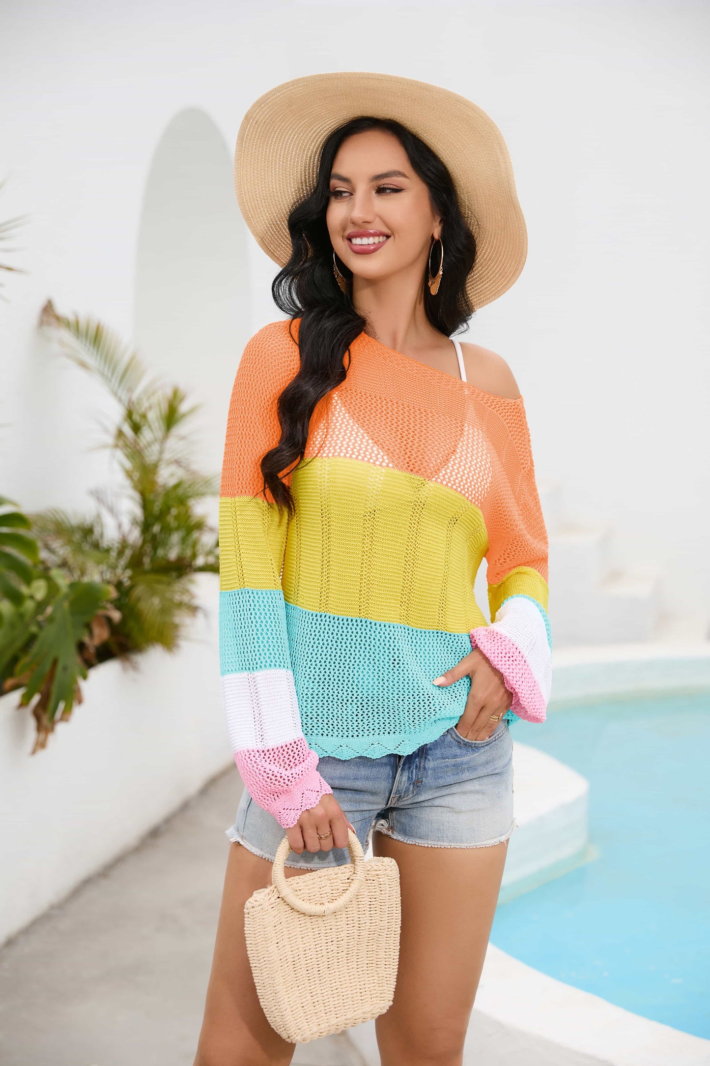 Color Block Boat Neck Sheer Cover Up Print on any thing USA/STOD clothes