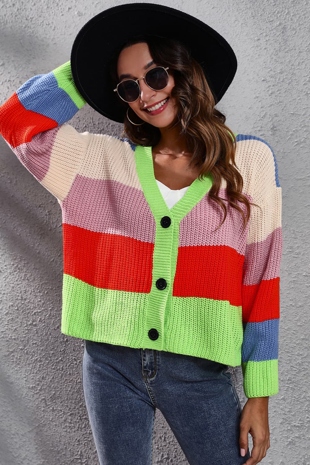 Color Block Button-Down Dropped Shoulder Cardigan Print on any thing USA/STOD clothes