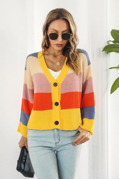 Color Block Button-Down Dropped Shoulder Cardigan Print on any thing USA/STOD clothes