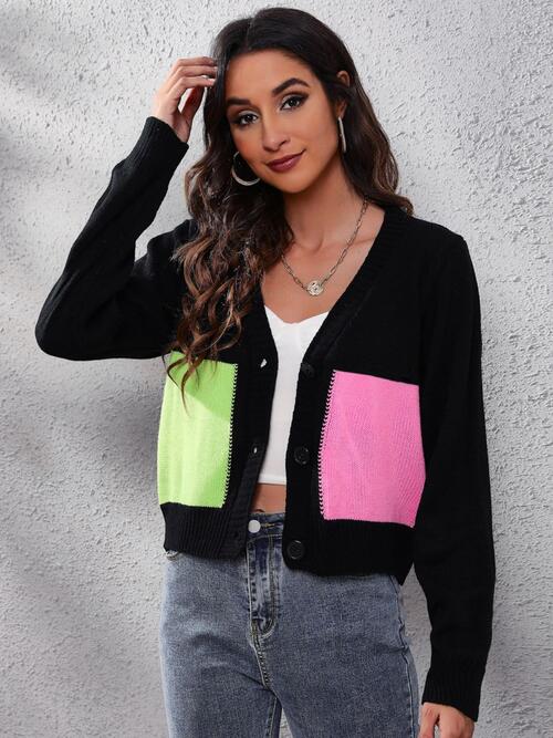 Color Block Button Up Long Sleeve Cardigan Print on any thing USA/STOD clothes