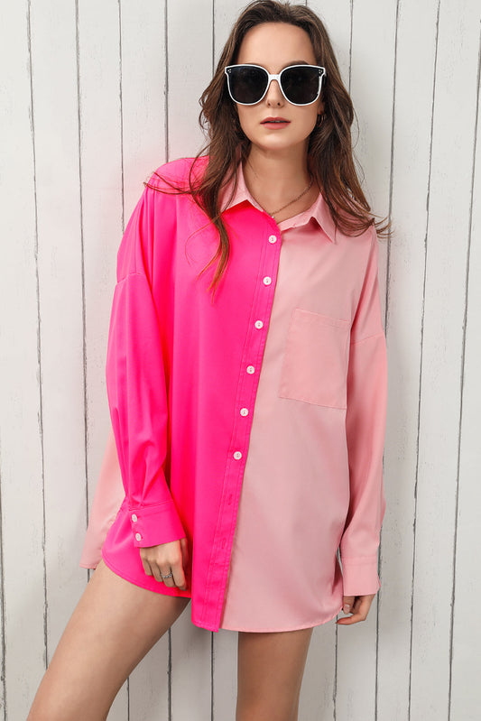 Color Block Collared Longline Shirt Print on any thing USA/STOD clothes