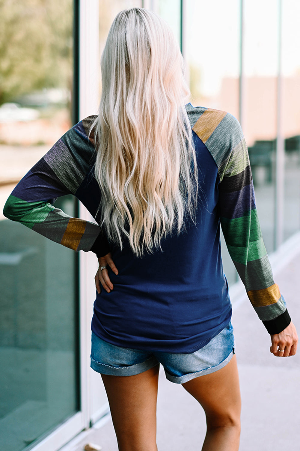 Color Block Curved Hem Long Sleeve Tee Print on any thing USA/STOD clothes