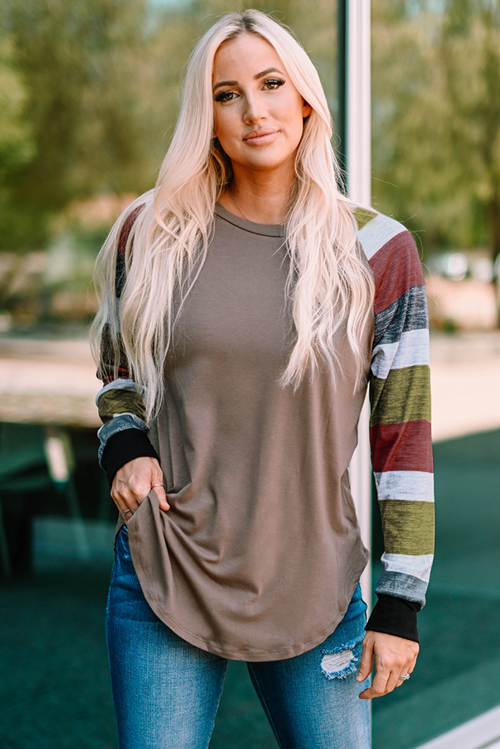 Color Block Curved Hem Long Sleeve Tee Print on any thing USA/STOD clothes