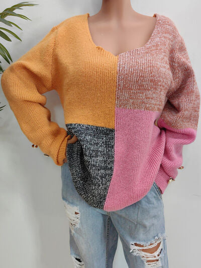 Color Block Decorative Button Long Sleeve Sweater Print on any thing USA/STOD clothes