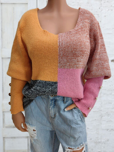 Color Block Decorative Button Long Sleeve Sweater Print on any thing USA/STOD clothes