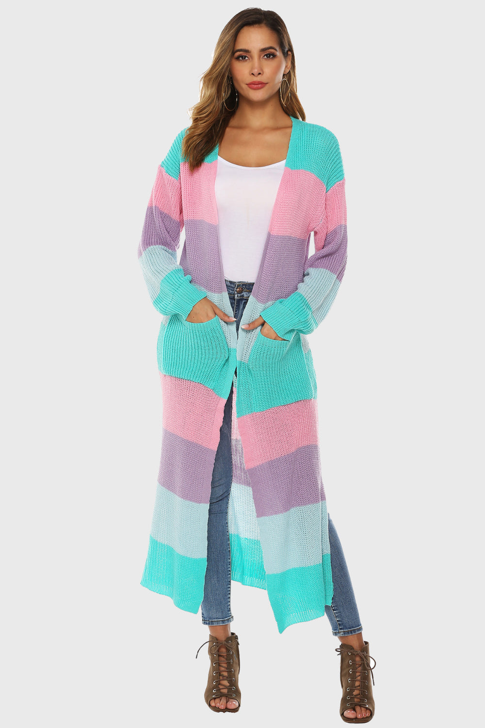 Color Block Long Sleeve Pocketed Cardigan Print on any thing USA/STOD clothes