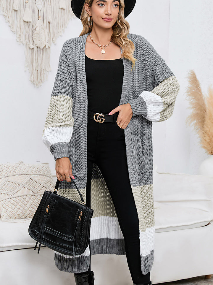 Color Block Long Sleeve Pocketed Cardigan Print on any thing USA/STOD clothes