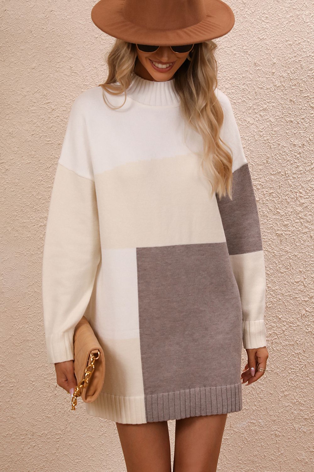 Color Block Mock Neck Dropped Shoulder Sweater Dress Print on any thing USA/STOD clothes
