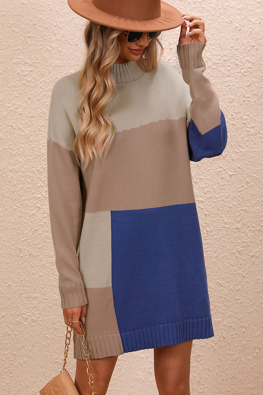 Color Block Mock Neck Dropped Shoulder Sweater Dress Print on any thing USA/STOD clothes