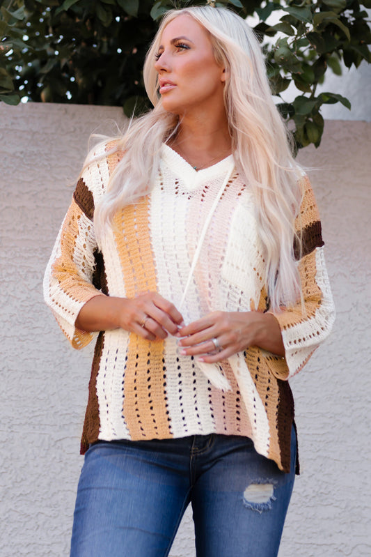 Color Block Openwork Hooded Sweater Print on any thing USA/STOD clothes