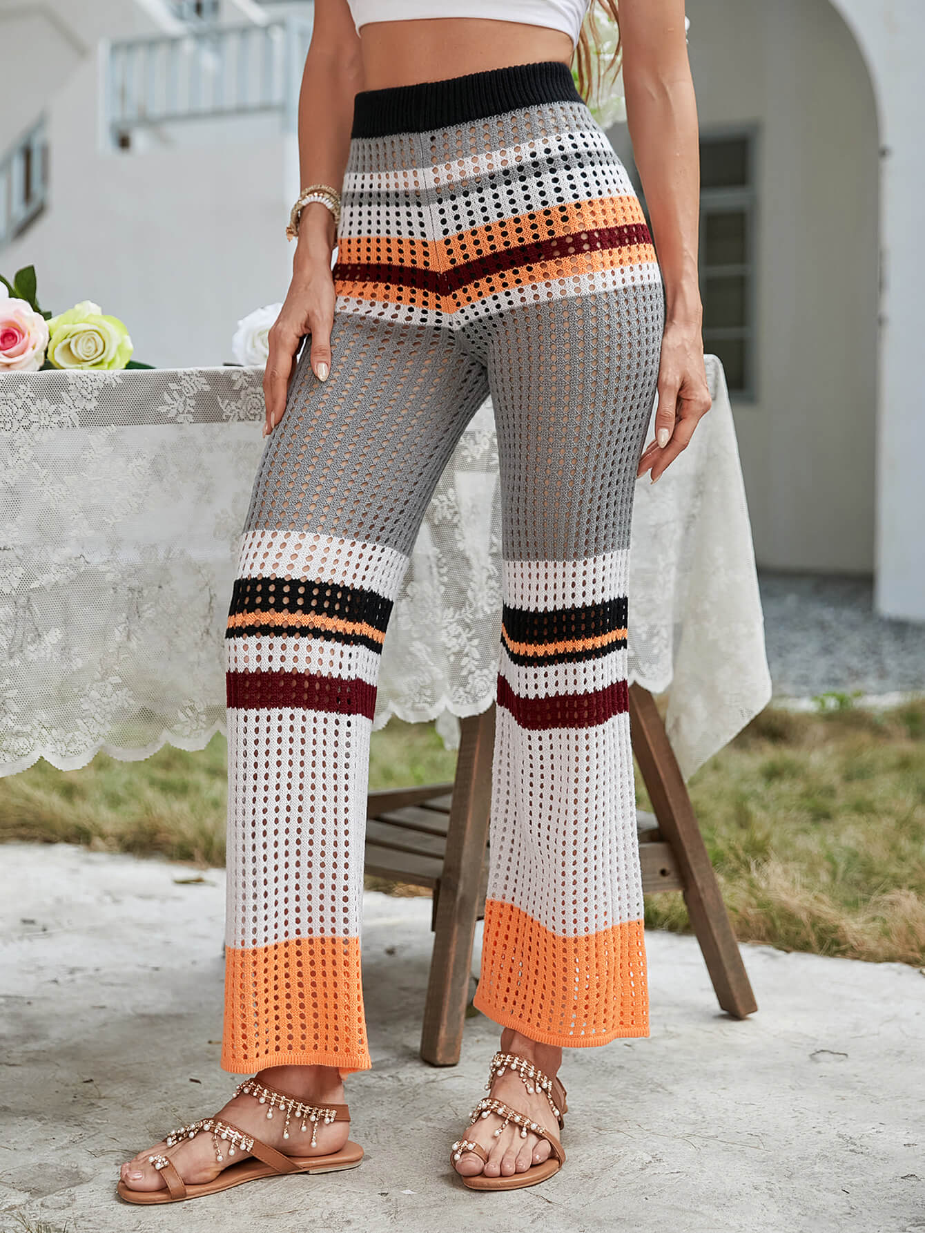 Color Block Openwork Knit Pants Print on any thing USA/STOD clothes