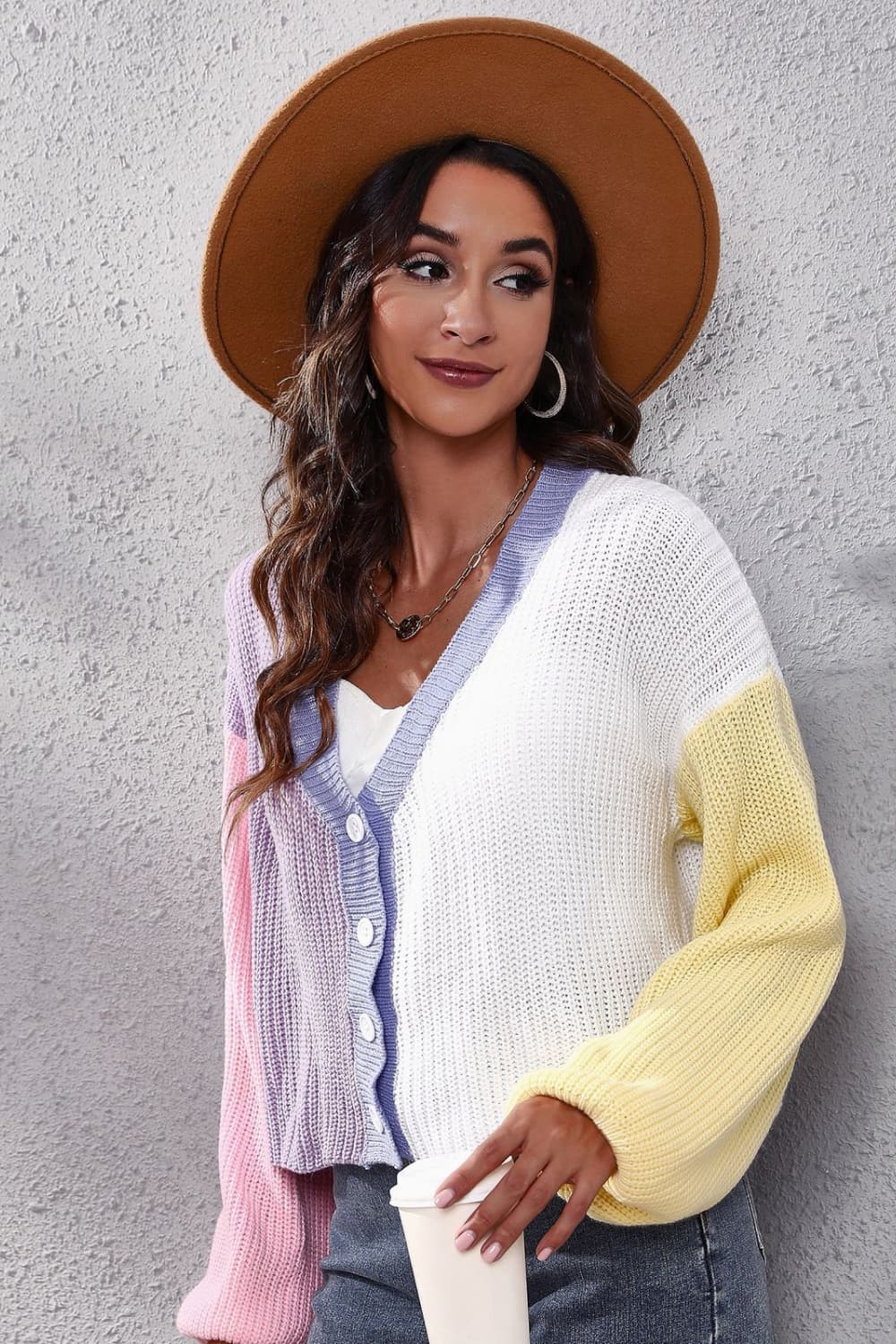 Color Block Ribbed Long Sleeve Cardigan Print on any thing USA/STOD clothes