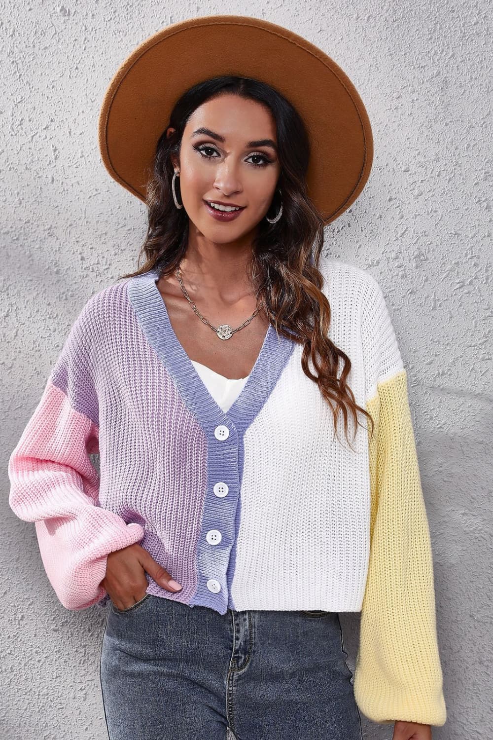 Color Block Ribbed Long Sleeve Cardigan Print on any thing USA/STOD clothes
