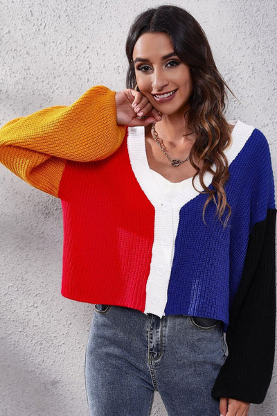 Color Block Ribbed Long Sleeve Cardigan Print on any thing USA/STOD clothes