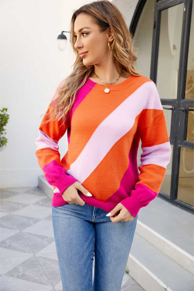 Color Block Ribbed Round Neck Sweater Print on any thing USA/STOD clothes