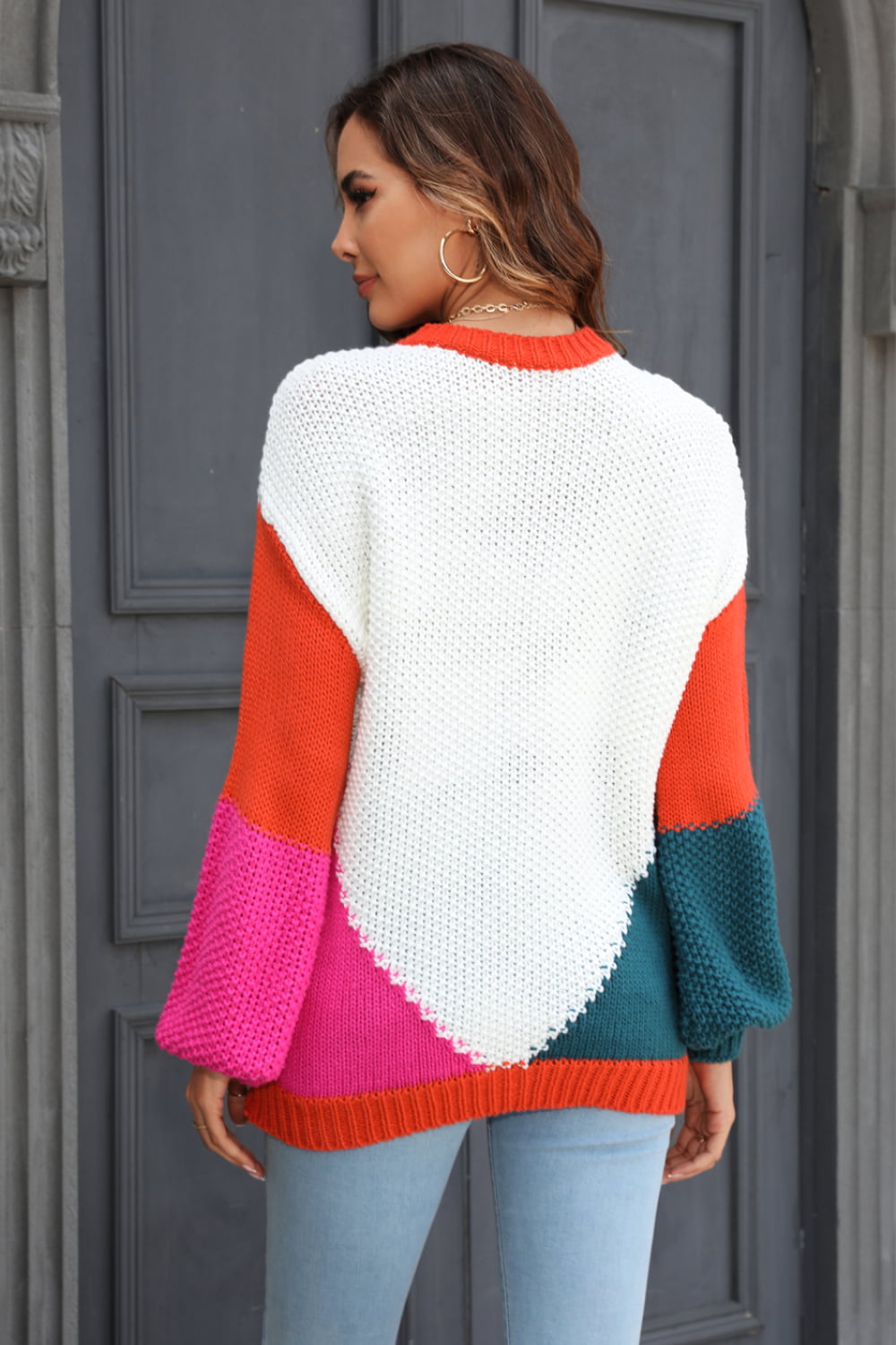 Color Block Round Neck Drop Shoulder Sweater Print on any thing USA/STOD clothes
